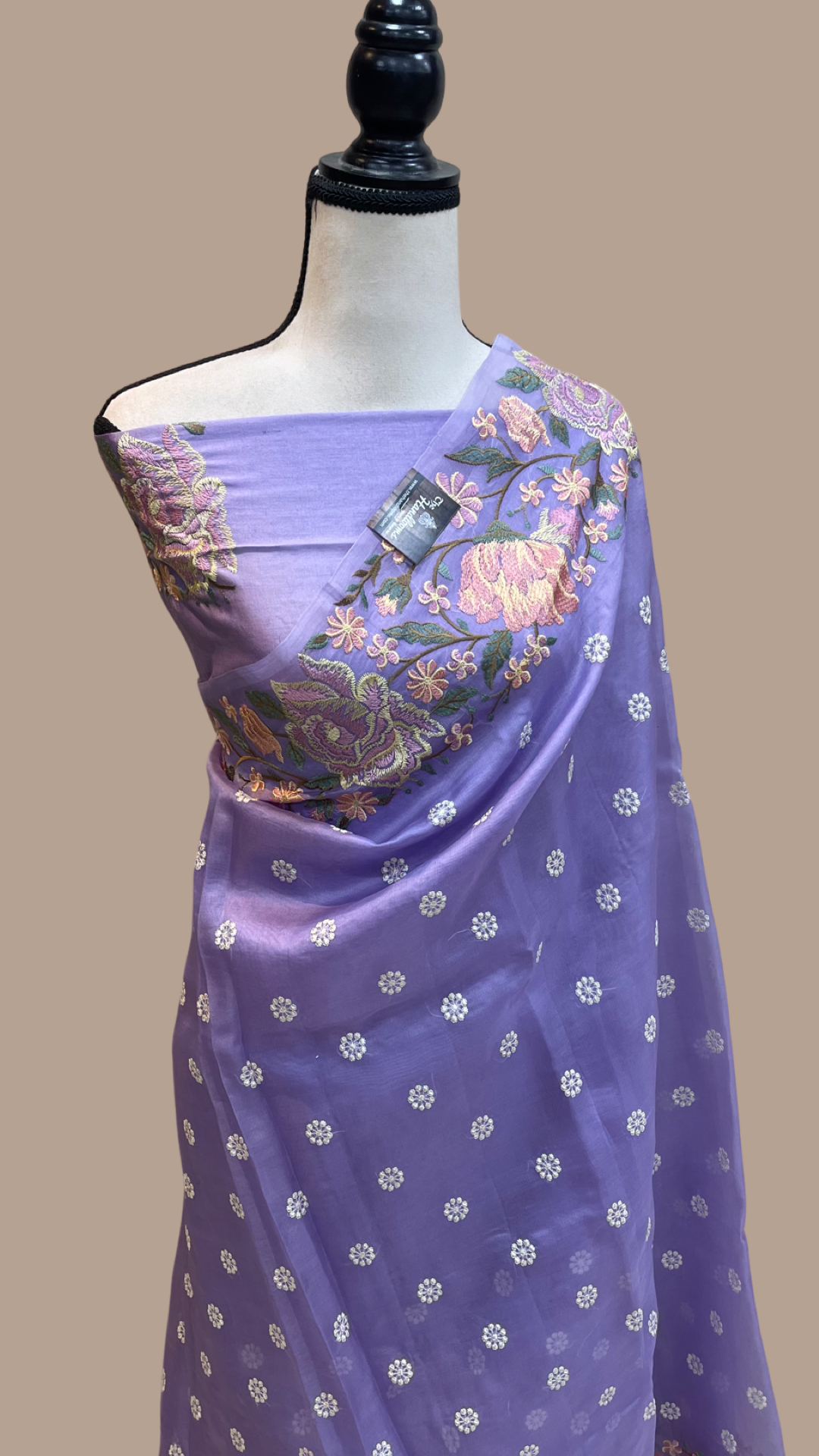 Pure Organza Handloom Banarasi Saree With Digital Print And Chikankari