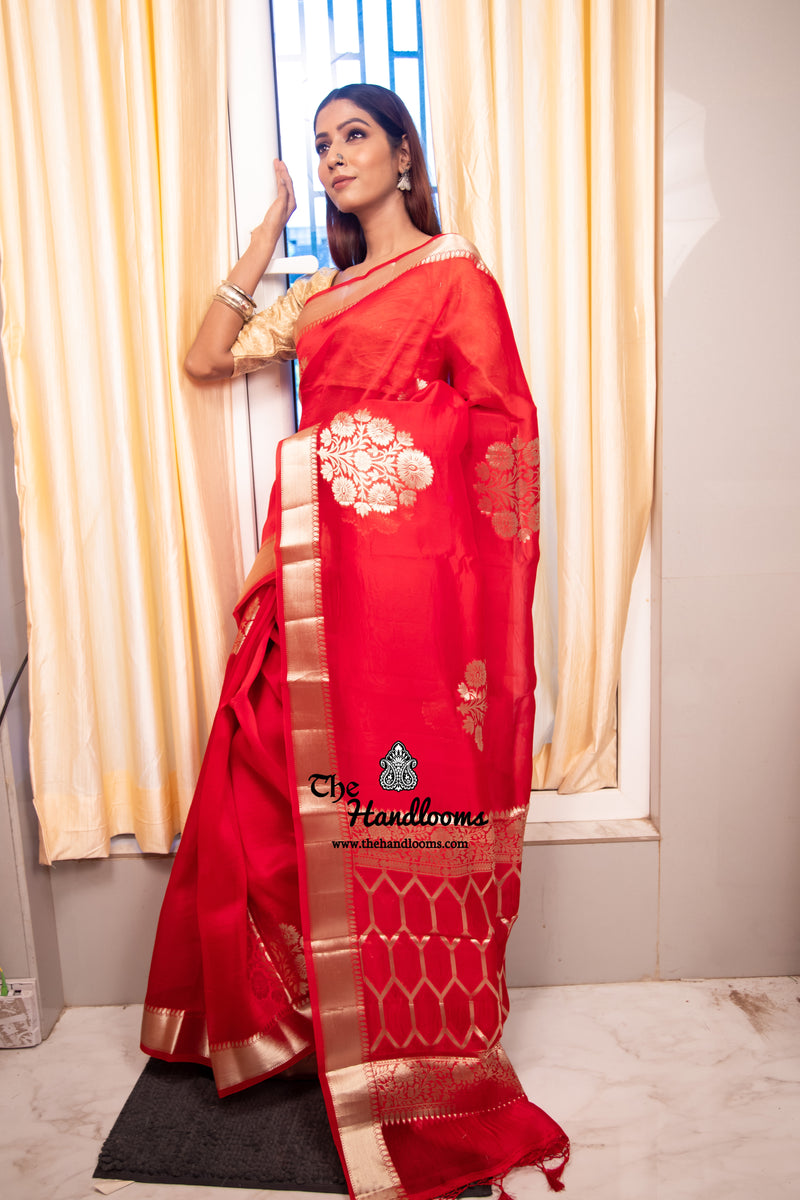 Red Pure Kora Handloom Banarasi Saree - The Handlooms