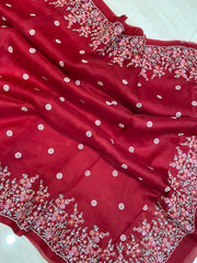 Red Pure organza Chikankari Handloom Banarasi Saree - The Handlooms
