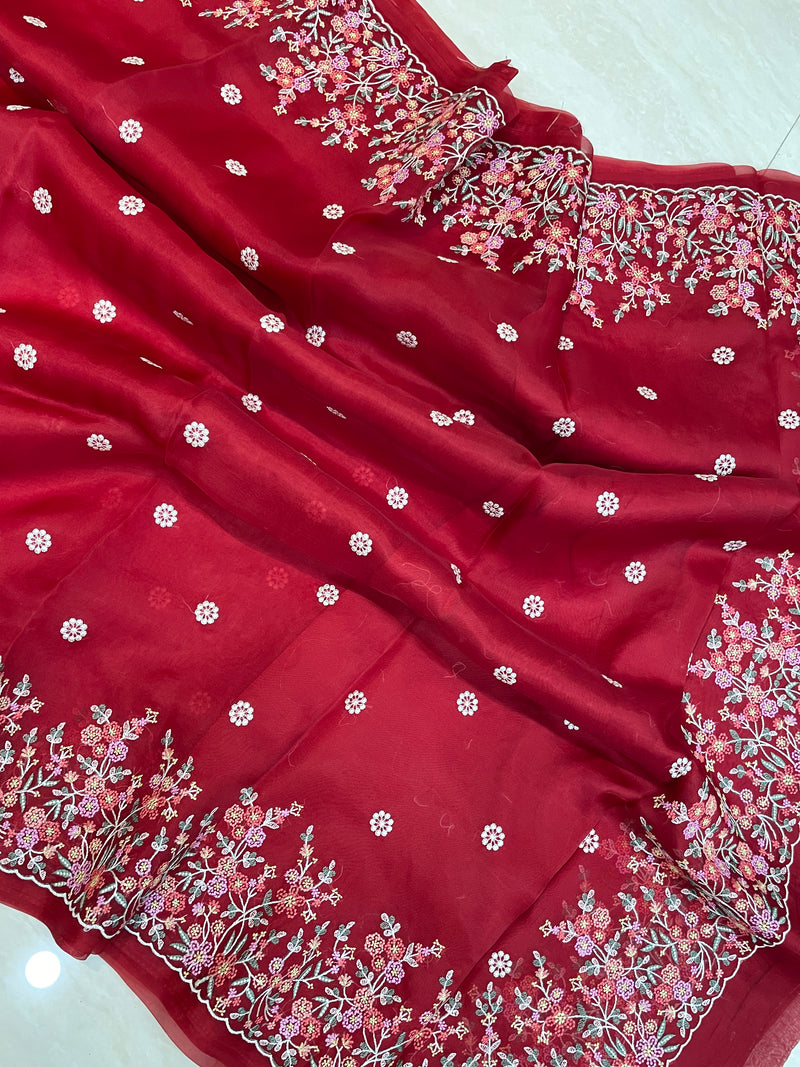 Red Pure organza Chikankari Handloom Banarasi Saree - The Handlooms
