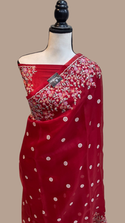 Red Pure organza Chikankari Handloom Banarasi Saree - The Handlooms