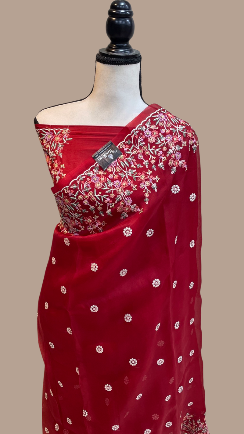 Red Pure organza Chikankari Handloom Banarasi Saree - The Handlooms