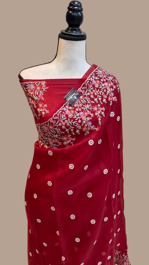 Red Pure organza Chikankari Handloom Banarasi Saree - The Handlooms