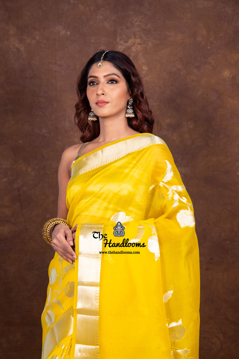 Yellow Pure Kora Handloom Banarasi Saree - The Handlooms