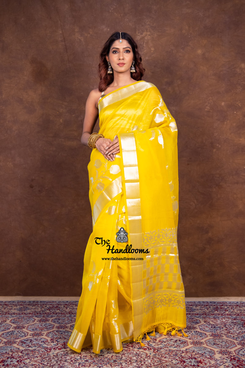Yellow Pure Kora Handloom Banarasi Saree - The Handlooms