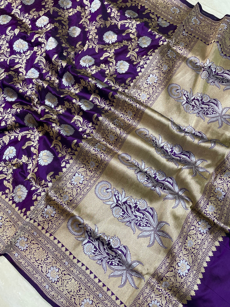 Pure Katan Silk Banarasi Handloom Saree - All over Sona Roopa Jaal work - The Handlooms