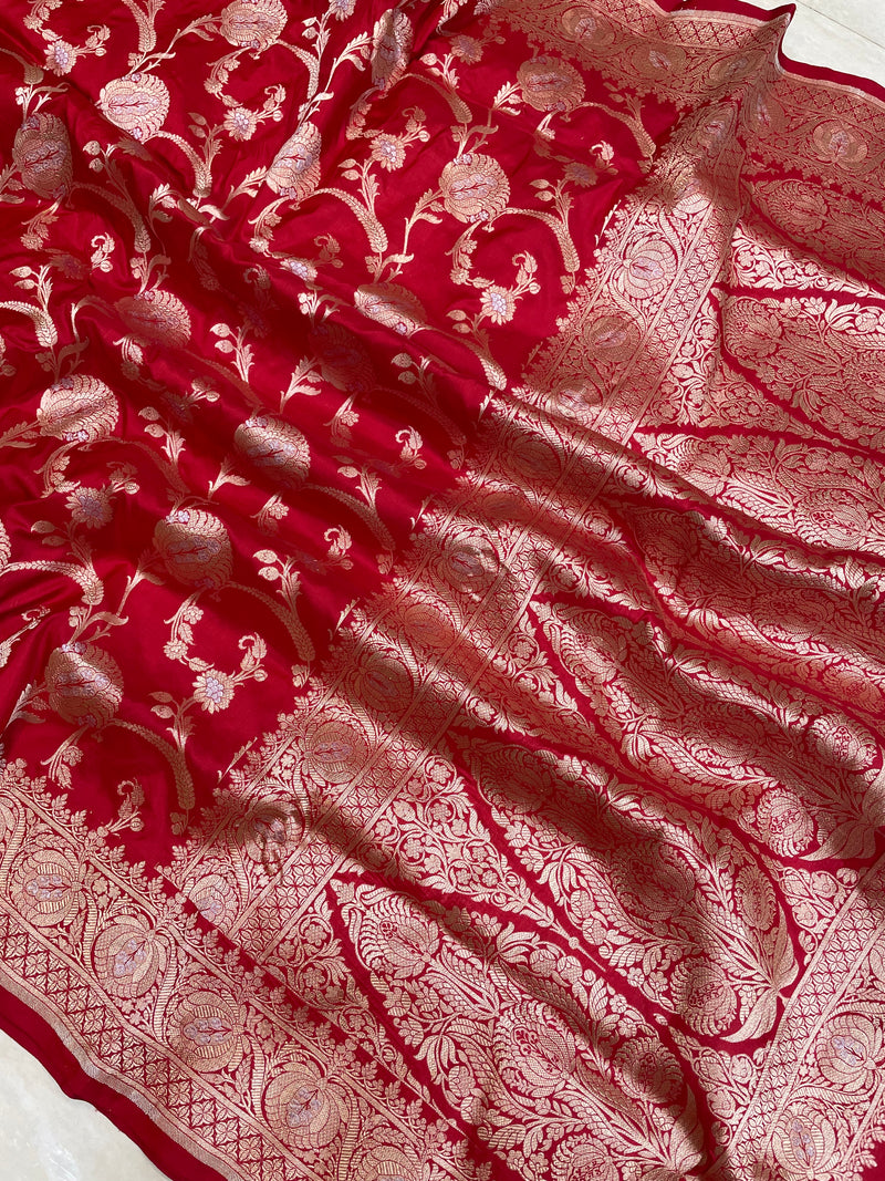 Pure Katan Silk Banarasi Handloom Saree - All over Sona Roopa Jaal work - The Handlooms