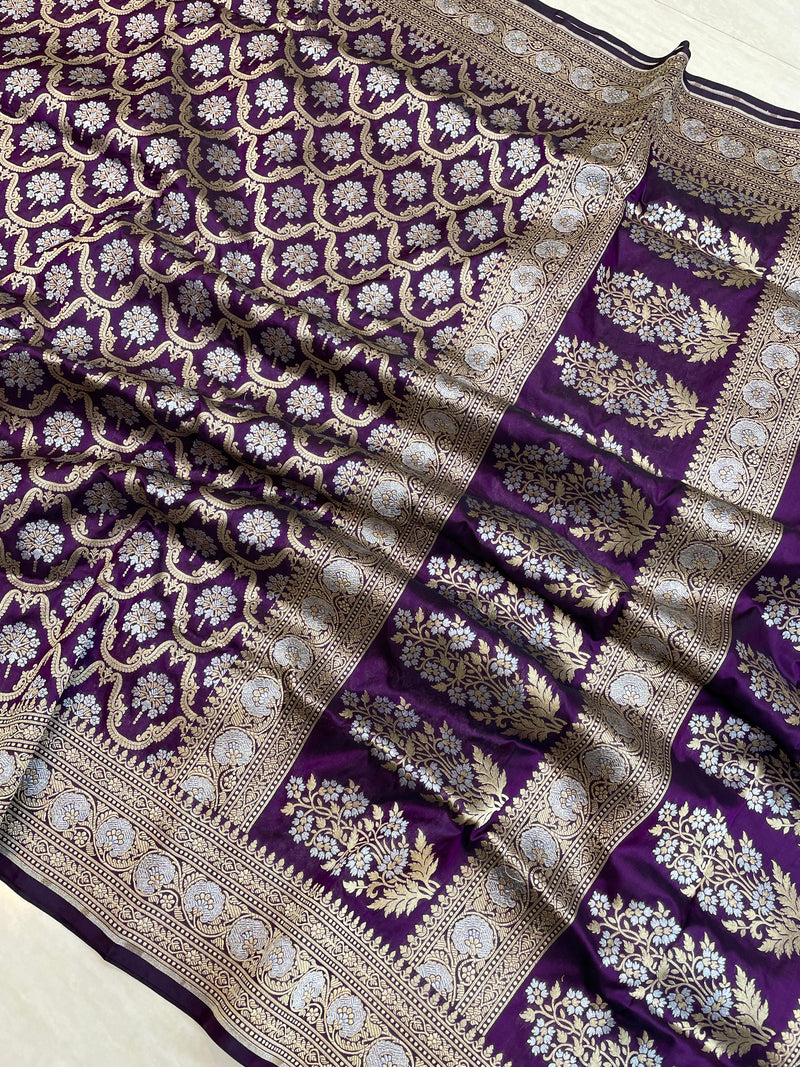 Pure Katan Silk Banarasi Handloom Saree - All over Sona Roopa Jaal work - The Handlooms