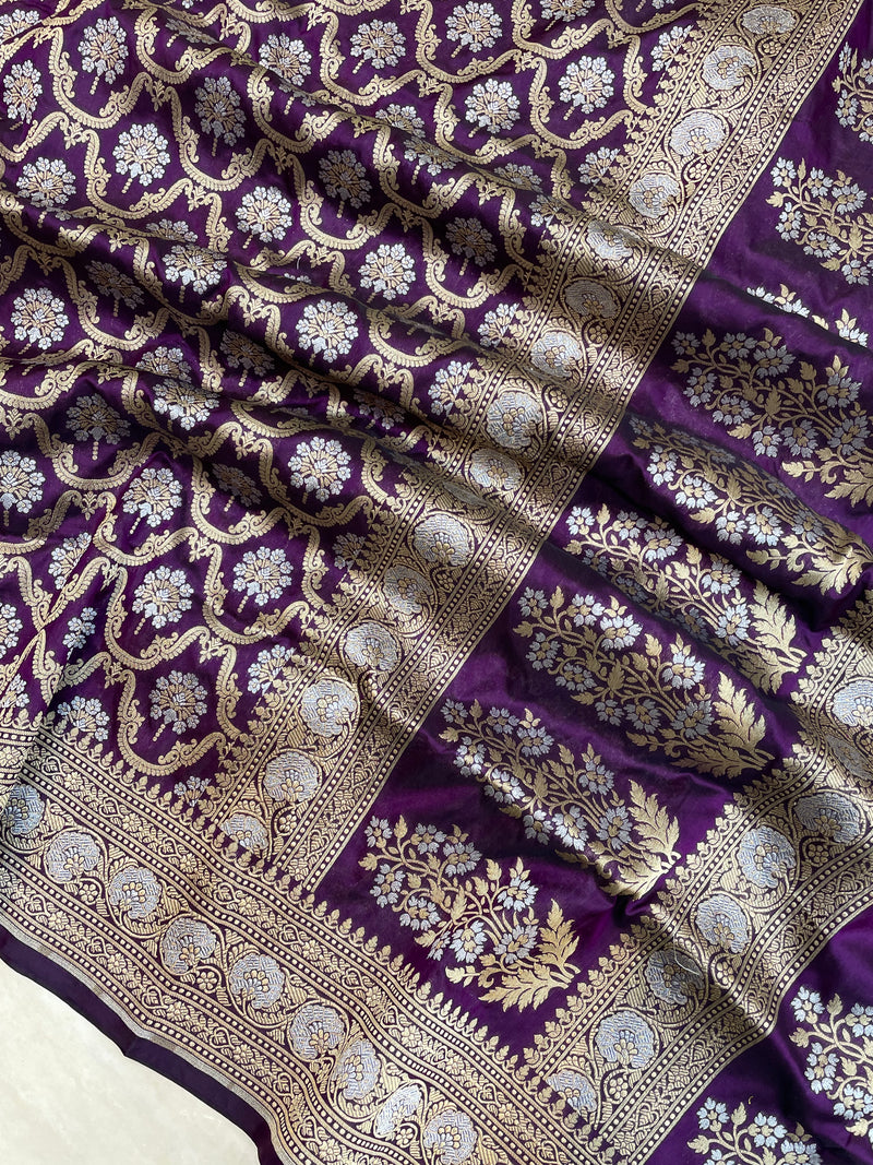 Pure Katan Silk Banarasi Handloom Saree - All over Sona Roopa Jaal work - The Handlooms
