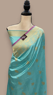 Turquoise Pure Katan Silk Banarasi Handloom Saree - All over Kadua motifs - The Handlooms