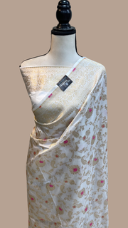 White Pure Katan Silk Banarasi Handloom Saree - All over Sona Roopa Jaal work - The Handlooms