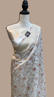 White Pure Katan Silk Banarasi Handloom Saree - All over Sona Roopa Jaal work - The Handlooms