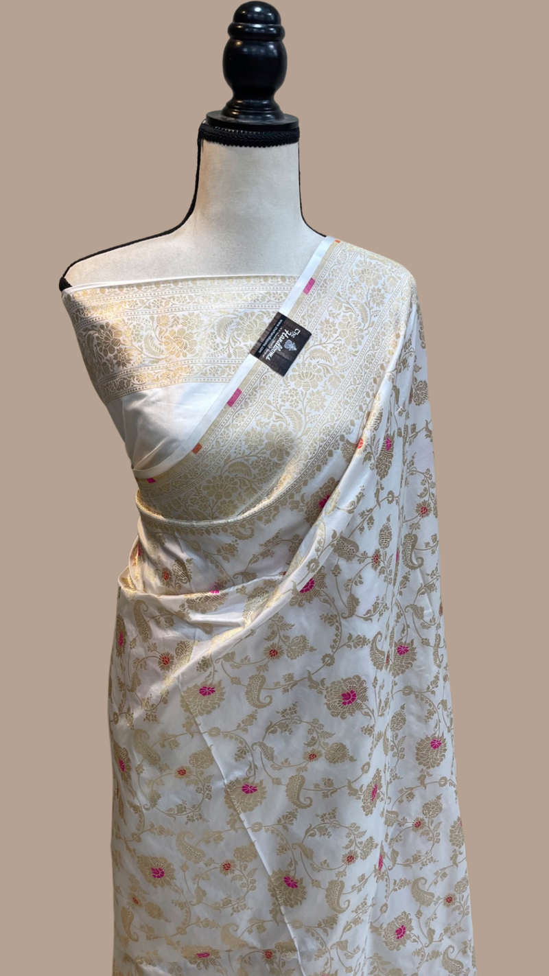 White Pure Katan Silk Banarasi Handloom Saree - All over Sona Roopa Jaal work - The Handlooms
