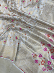 White Pure Katan Silk Banarasi Handloom Saree - All over Sona Roopa Jaal work - The Handlooms