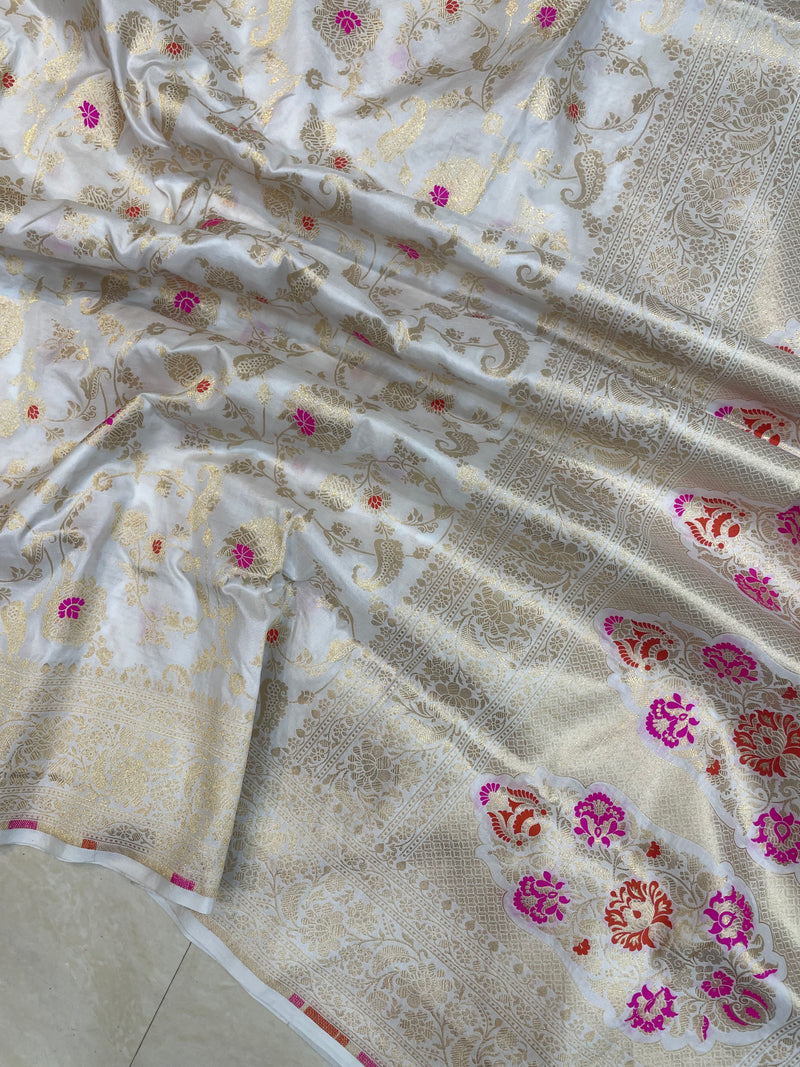 White Pure Katan Silk Banarasi Handloom Saree - All over Sona Roopa Jaal work - The Handlooms