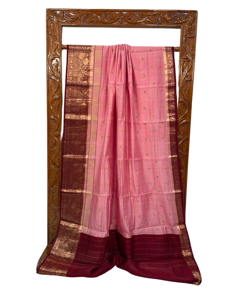 Pure Chiniya Silk Handloom Banarasi Saree with Chikankari - The Handlooms