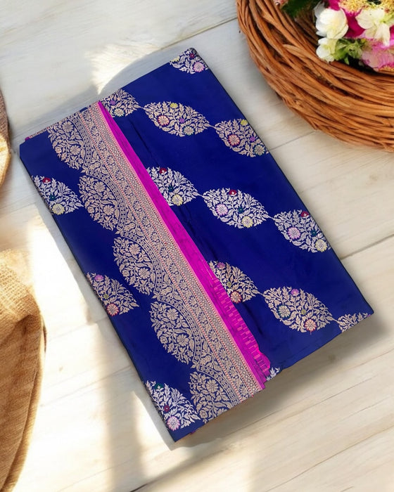 Royal Blue Pure Katan Silk Banarasi Handloom Saree - All over soona roopa Kadua