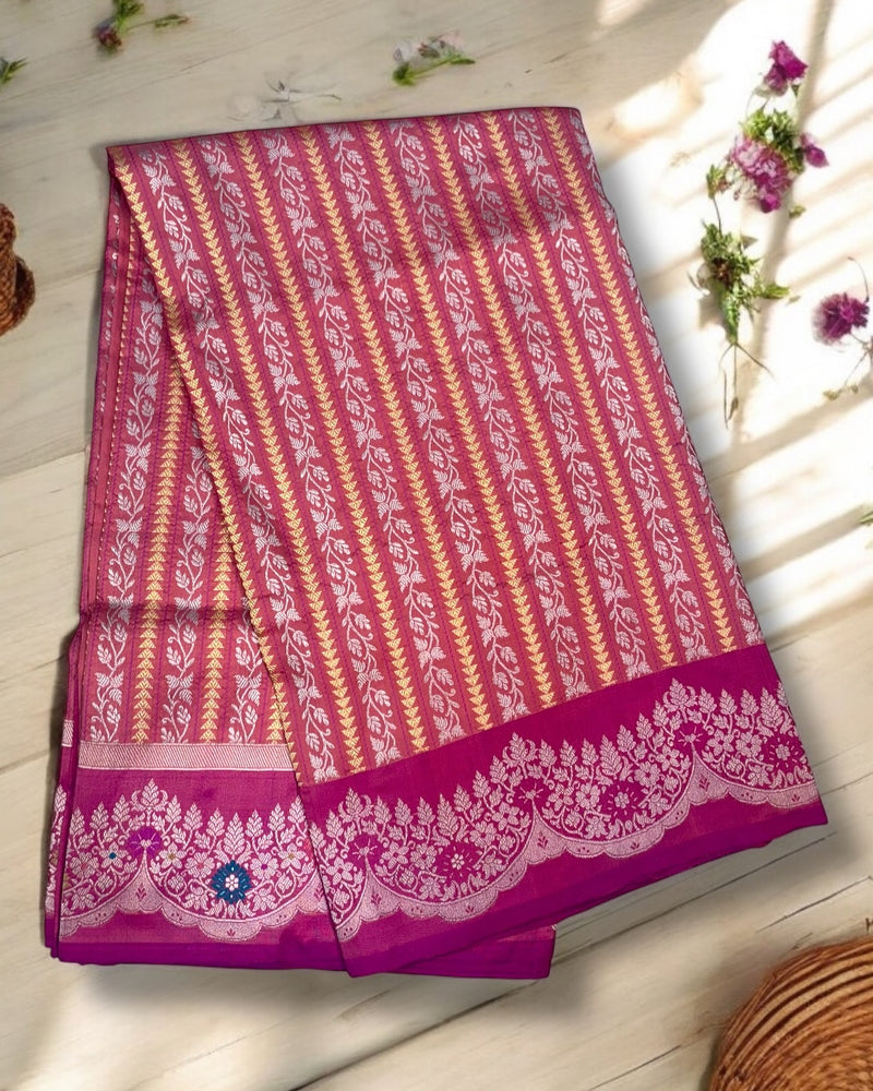 Hot Pink Pure Katan Silk Banarasi Handloom Saree - All over soona roopa Kadua stripe - The Handlooms