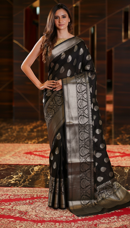 The Handlooms black pure linen Banarasi saree with silver zari border and paisley motifs. Handwoven.