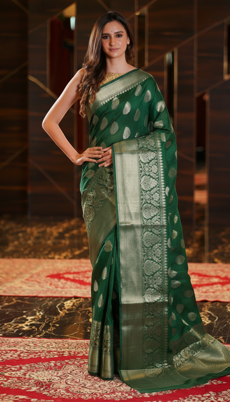 The Handlooms emerald green pure linen Banarasi saree with gold zari border and intricate motifs. Handwoven.