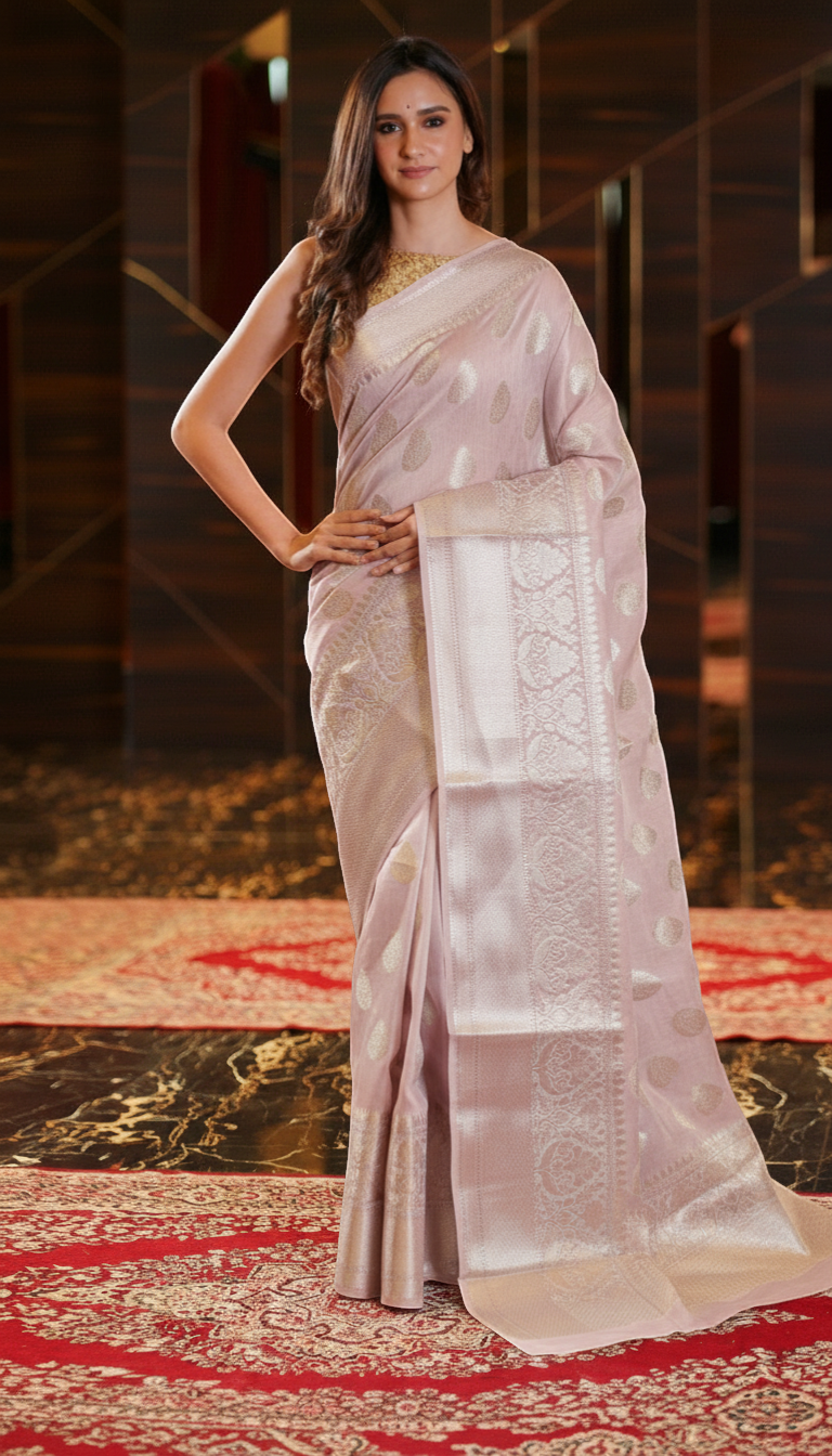 The Handlooms light aqua blue pure linen Banarasi saree with gold zari border and woven motifs. Timeless elegance.