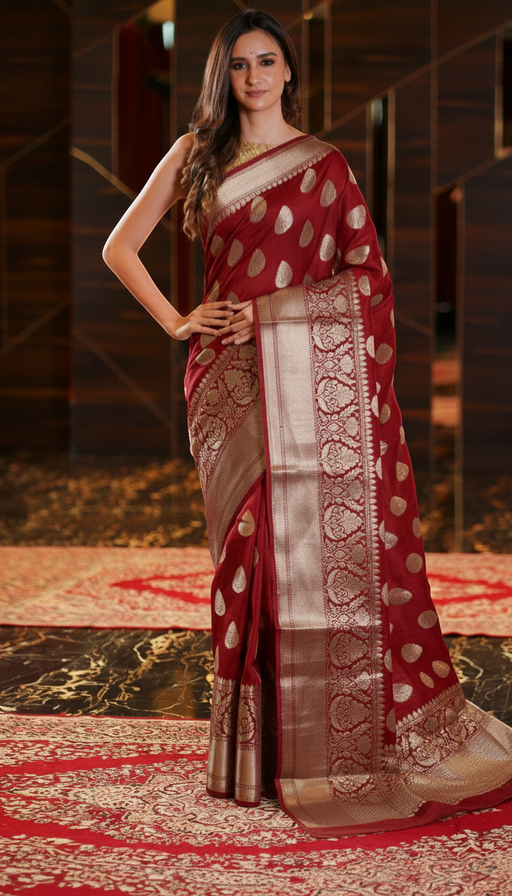 The Handlooms maroon pure linen Banarasi saree with gold zari border and polka dot motifs. Handwoven.