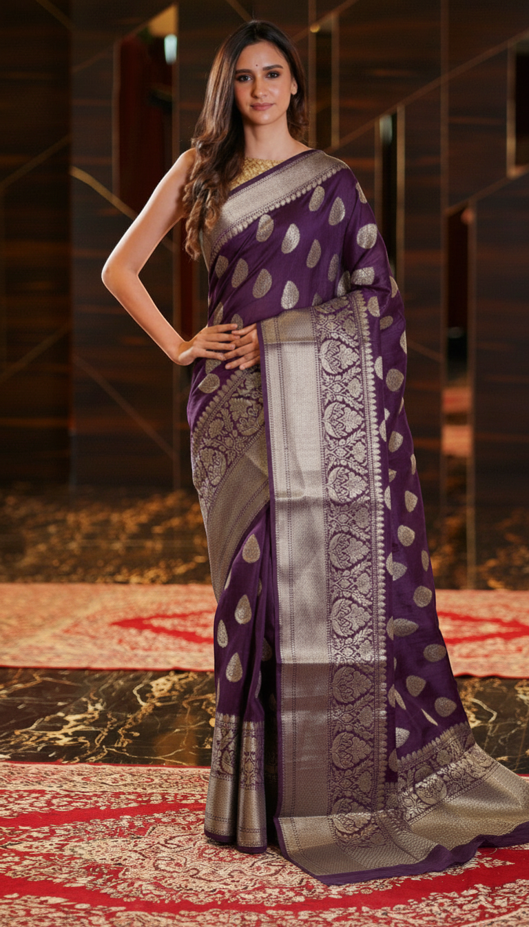 The Handlooms deep purple pure linen Banarasi saree with gold zari border and woven motifs.