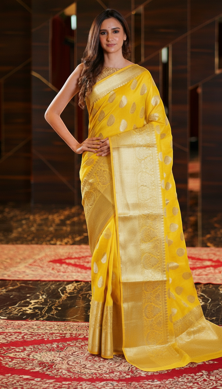 The Handlooms yellow pure linen Banarasi saree with gold zari border and intricate motifs. Handwoven for timeless elegance.