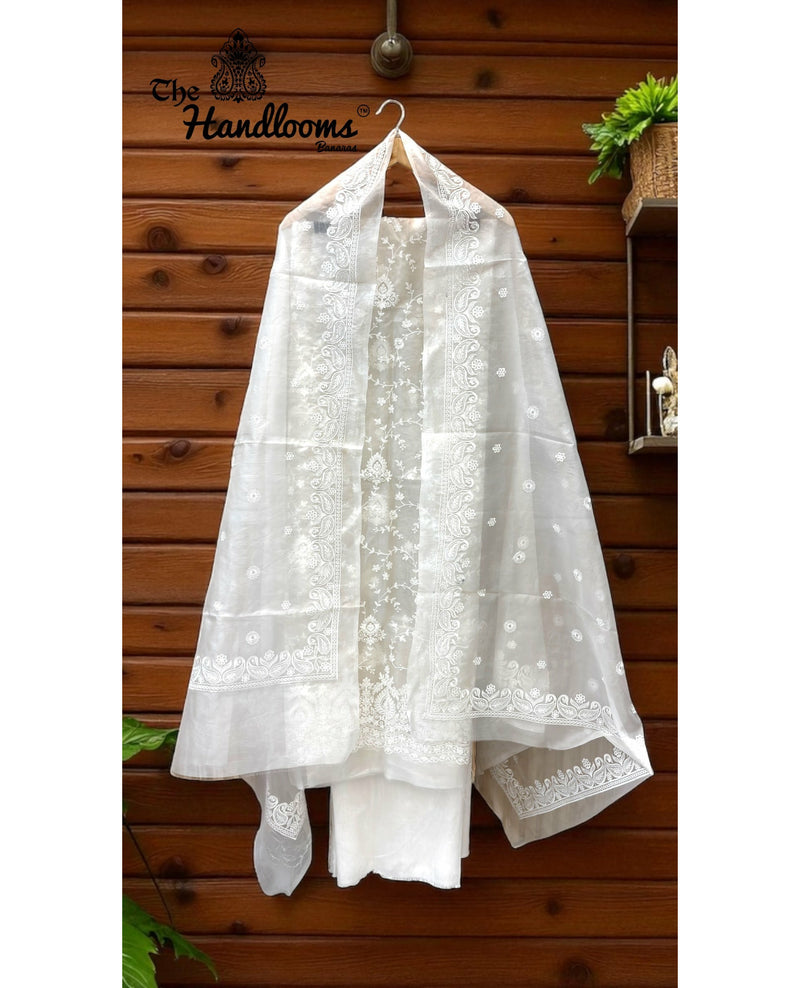 Pure Organza Chikankari Handloom Banarasi Dress Material - The Handlooms