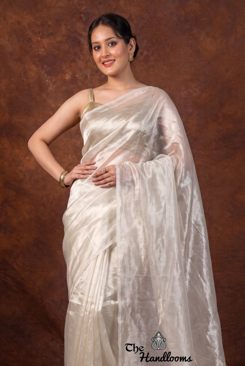Silver-White Pure Kora Tissue Handloom Banarasi Saree - Plain