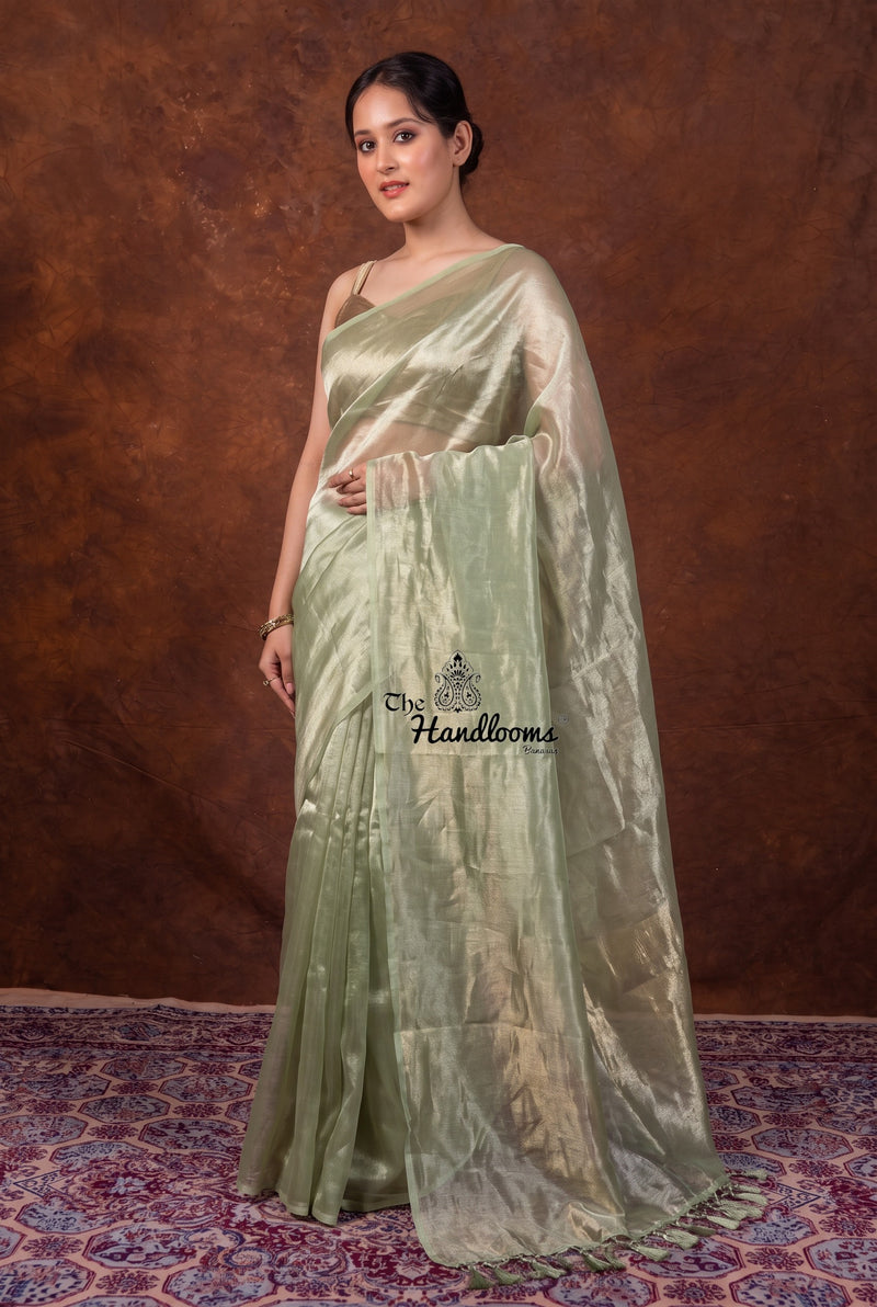 Pista Pure Kora Tissue Handloom Banarasi Saree - Plain
