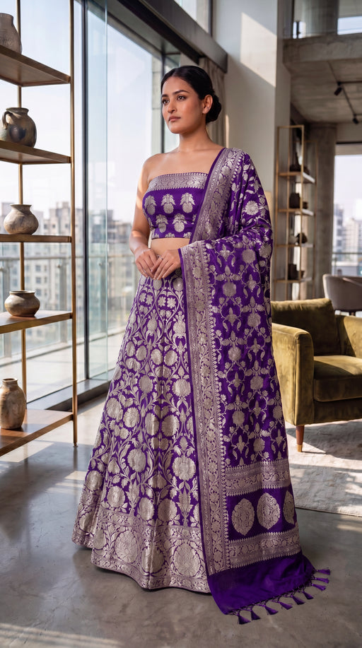 Purple Pure Khaddi Georgette Handloom Banarasi Lehenga - Stitched - The Handlooms