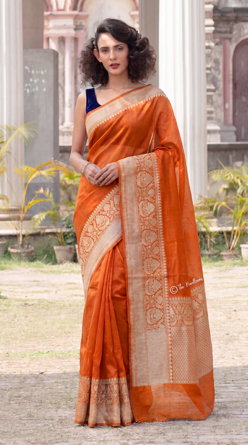 Orange Pure linen Banarasi Saree - The Handlooms