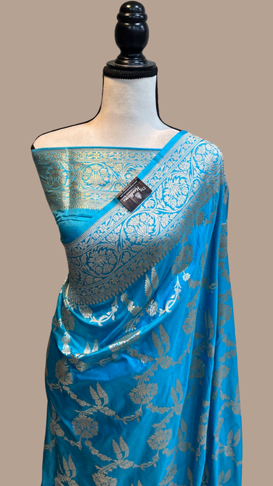 Sky Blue Pure Katan Silk Banarasi Handloom Saree - All over Jaal work - The Handlooms
