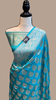 Aqua Blue Pure Katan Silk Banarasi Handloom Saree - All over Jaal work - The Handlooms
