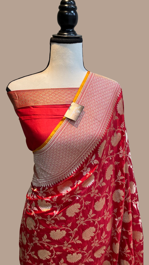 Red Pure Katan Silk Banarasi Handloom Saree - All over Jaal work - The Handlooms