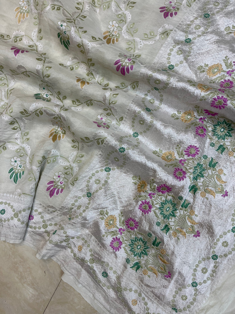 Tussar Georgette Handloom Banarasi Saree - All over Jaal Work with meenakari - The Handlooms