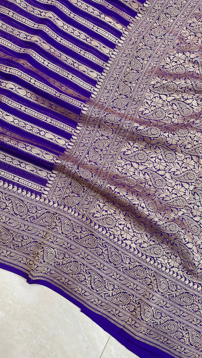 Purple Pure Khaddi Georgette Banarasi Saree -  Gold zari - The Handlooms