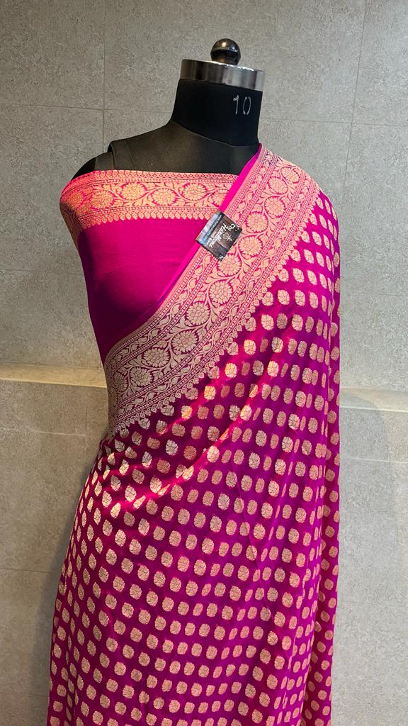 Khaddi Georgette Handloom Banarasi Saree - Gold Zari - The Handlooms