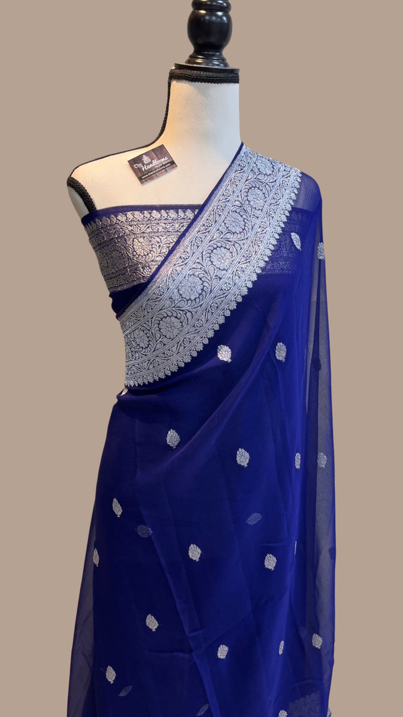 Pure Georgette Banarasi Handloom Saree - Navy Blue - The Handlooms