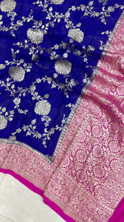 Blue Pure Khaddi Georgette Dupatta - water zari - The Handlooms