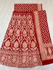 Red Pure Khaddi Georgette Handloom Banarasi Lehenga - Stitched - The Handlooms