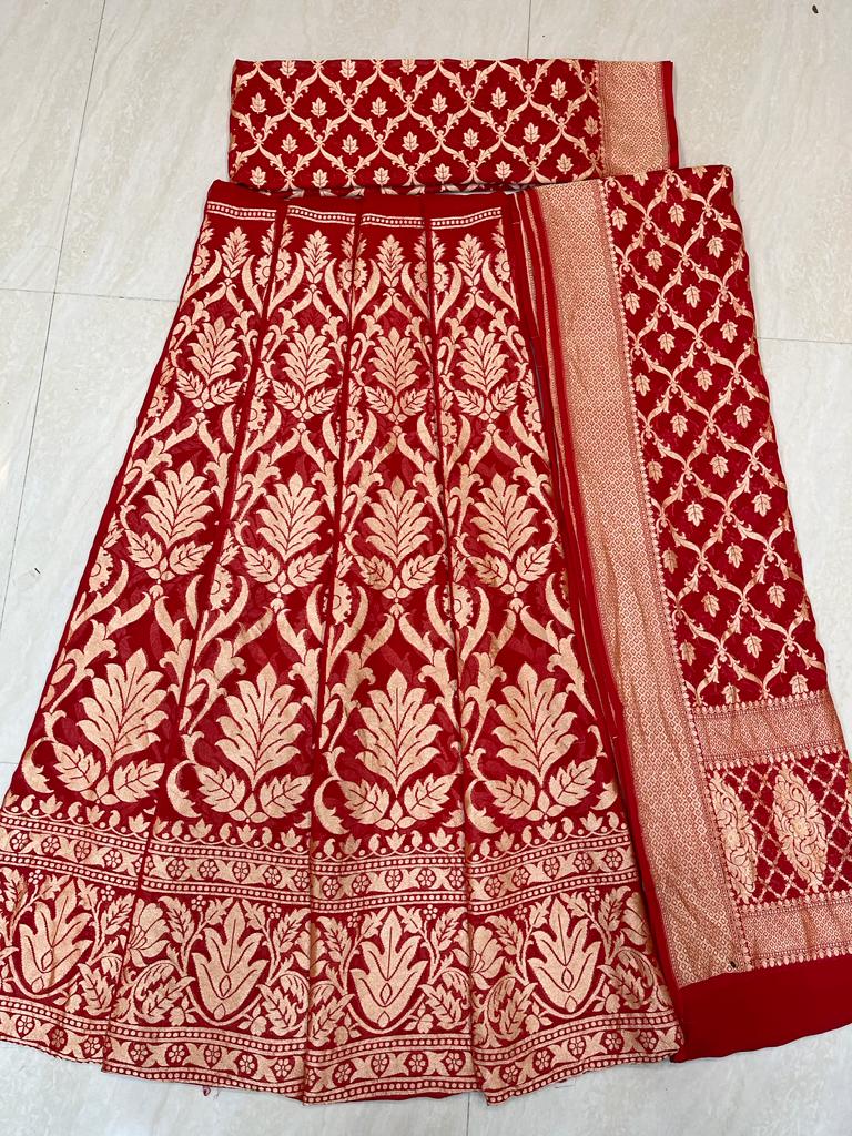 Red Pure Khaddi Georgette Handloom Banarasi Lehenga - Stitched - The Handlooms