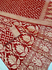Red Pure Khaddi Georgette Handloom Banarasi Lehenga - Stitched - The Handlooms
