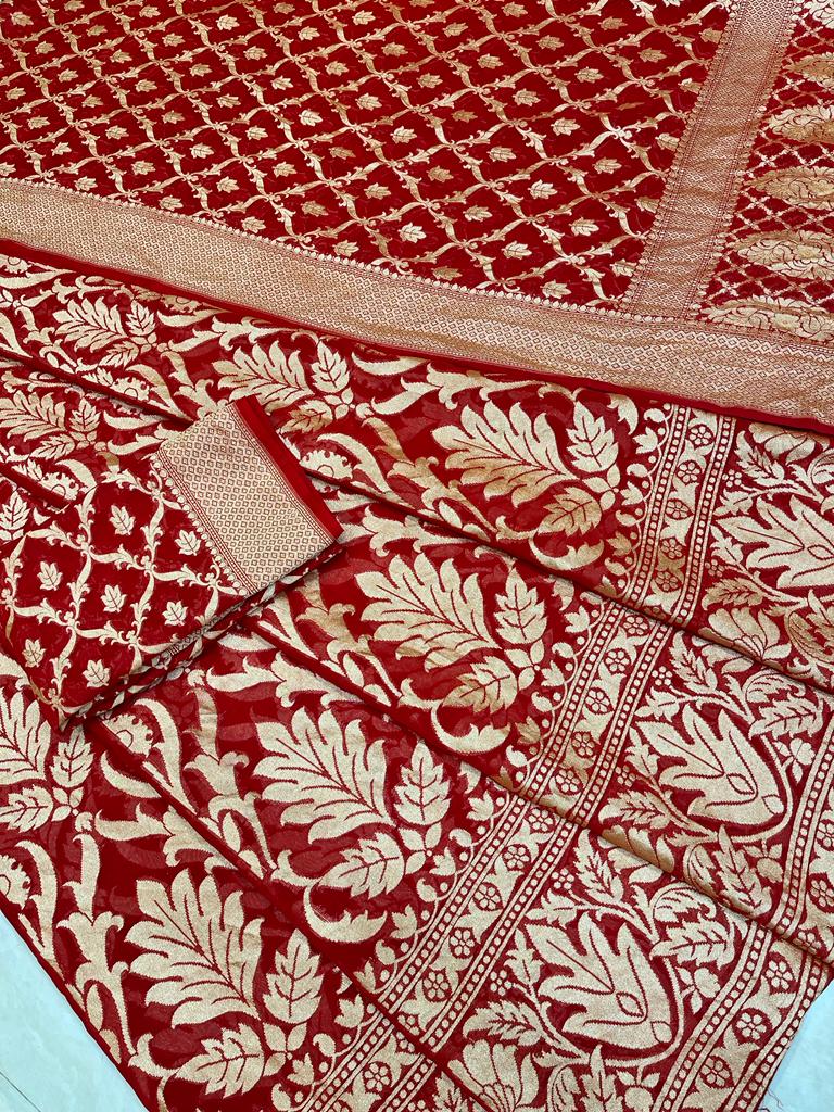 Red Pure Khaddi Georgette Handloom Banarasi Lehenga - Stitched - The Handlooms