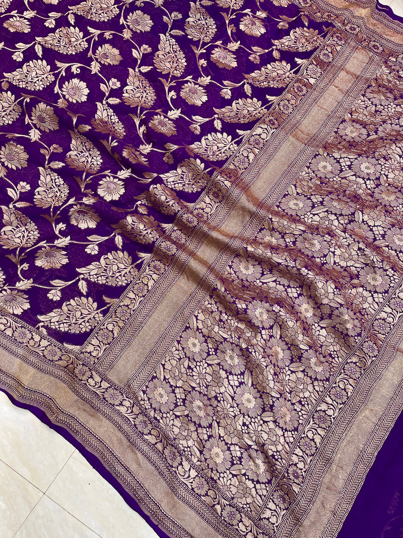 Khaddi Georgette Handloom Banarasi Saree - Gold Zari - The Handlooms