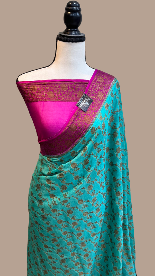 Turquoise Pure Chiffon Khaddi Banarasi Saree - The Handlooms