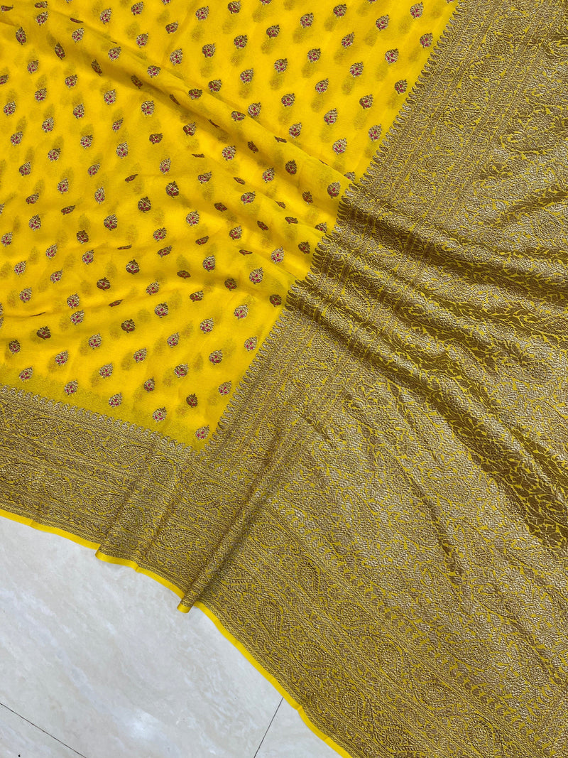 Khaddi Georgette Banarasi Saree -  Antique zari with Meenakari motifs - The Handlooms
