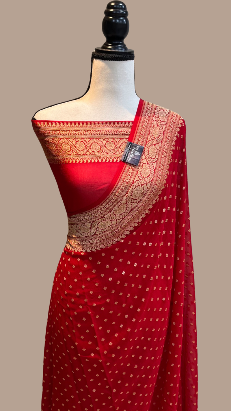 Red Khaddi Georgette Banarasi Saree - Gold zari - The Handlooms