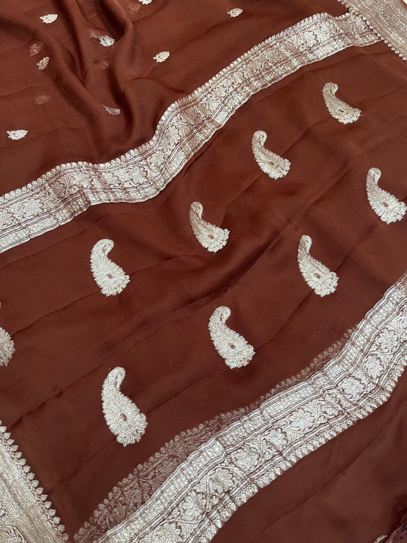 Brown Pure Georgette Banarasi Handloom Saree - The Handlooms